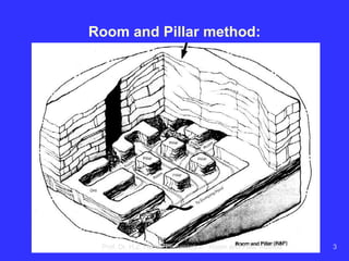Room and Pillar method:
Prof. Dr. H.Z. Harraz Presentation Room and Pillar method 3
Room and Pillar (R & P): means a method in which a set of rooms is developed,
leaving pillars rock, usually of uniform size to support the roof. The pillars may
or may not be removed after the removal of the ore.
 