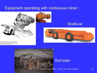 Equipment used in the mining Room and
Pillar method for coal
 Conventional mechanized sets;
 Mechanized sets with LHD's;
 Continuous miners ;
 Drag chutes + Bob-cat loaders.
Prof. Dr. H.Z. Harraz Presentation Room and Pillar method 40
 