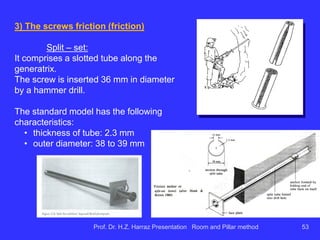 Types of screws:
1) point anchoring
2) divided anchoring
3) screws to friction
Screws to chill expansion
1) Screws to anchor point
Consists in placing in the hole a stem
anchored in the bottom of the hole by
a permanent mold or expanding an
expanding wedge. The stems are
usually employed ductile steel or high-
strength steels.
Prof. Dr. H.Z. Harraz Presentation Room and Pillar method 53
 