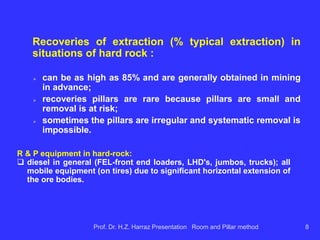 Different applications of the R & P method:
 In hard rock: for example, limestone,
dolomite, metals (lead, zinc, copper, gold,
etc.)
 In friable rock (soft rock): (eg coal, potash,
salt).
Prof. Dr. H.Z. Harraz Presentation Room and Pillar method 8
 