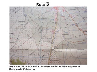 Ruta 3
Por el Cno. de CANTALOBOS, cruzando el Cno. de Ricla a Alpartir, al
Barranco de Valhigendo.
 