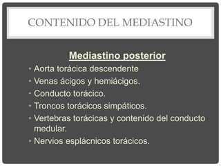 CONTENIDO DEL MEDIASTINO
Mediastino posterior
• Aorta torácica descendente
• Venas ácigos y hemiácigos.
• Conducto torácico.
• Troncos torácicos simpáticos.
• Vertebras torácicas y contenido del conducto
medular.
• Nervios esplácnicos torácicos.
 