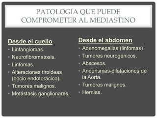 PATOLOGÍA QUE PUEDE
COMPROMETER AL MEDIASTINO
Desde el cuello
• Linfangiomas.
• Neurofibromatosis.
• Linfomas.
• Alteraciones tiroideas
(bocio endotorácico).
• Tumores malignos.
• Metástasis ganglionares.
Desde el abdomen
• Adenomegalias (linfomas)
• Tumores neurogénicos.
• Abscesos.
• Aneurismas-dilataciones de
la Aorta.
• Tumores malignos.
• Hernias.
 