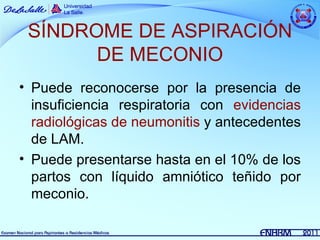SÍNDROME DE ASPIRACIÓN
       DE MECONIO
• Puede reconocerse por la presencia de
  insuficiencia respiratoria con evidencias
  radiológicas de neumonitis y antecedentes
  de LAM.
• Puede presentarse hasta en el 10% de los
  partos con líquido amniótico teñido por
  meconio.
 