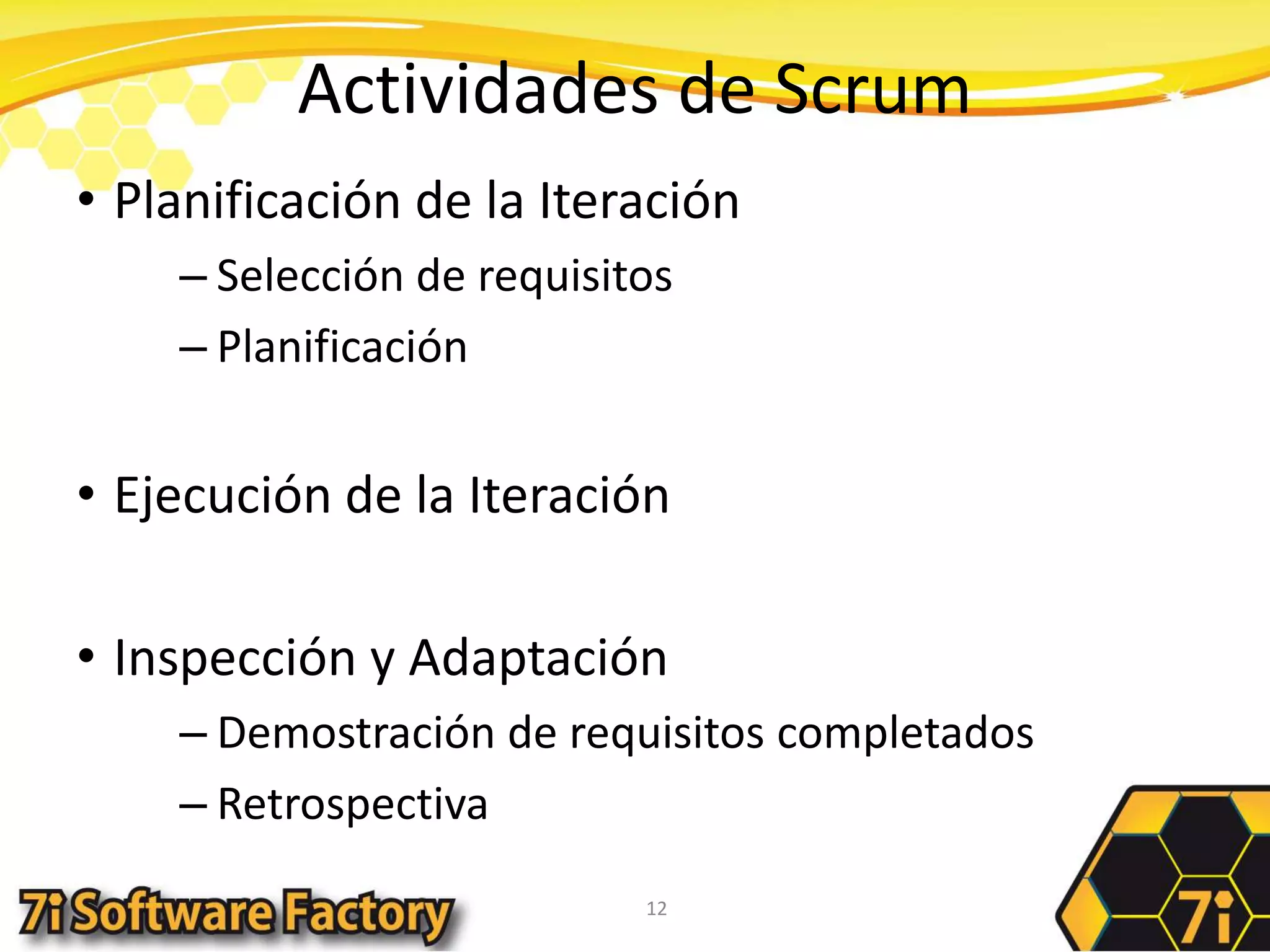 Actividades de ScrumPlanificación de la IteraciónSelección de requisitosPlanificaciónEjecución de la IteraciónInspección y AdaptaciónDemostración de requisitos completadosRetrospectiva12