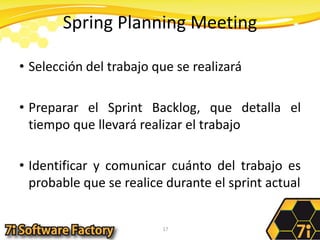 Spring Planning MeetingSelección del trabajo que se realizaráPreparar el Sprint Backlog, que detalla el tiempo que llevará realizar el trabajoIdentificar y comunicar cuánto del trabajo es probable que se realice durante el sprint actual17