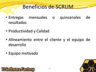 Beneficios de SCRUMEntregas mensuales o quincenales de resultadosProductividad y CalidadAlineamiento entre el cliente y el equipo de desarrolloEquipo motivado23