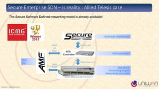 SDN controller
SES
Controller
The Secure Software Defined networking model is already available!
Secure Enterprise SDN – is reality : Allied Telesis case
GUI
CLI OpenFlow v1.3
SNMP
CLI
Stats
Stats
Traps
Business intelligence
RESTful API
OpenFlow
Forwarding engine
Networking protocols
x510, x930 and DC2552XS/L3
Source: alliedtelesis
 