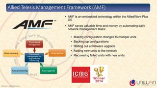 • AMF is an embedded technology within the AlliedWare Plus
OS
• AMF saves valuable time and money by automating daily
network management tasks:
• Making configuration changes to multiple units
• Backing up configurations
• Rolling out a firmware upgrade
• Adding new units to the network
• Recovering failed units with new units
Allied Telesis Management Framework (AMF)
Source: alliedtelesis
 