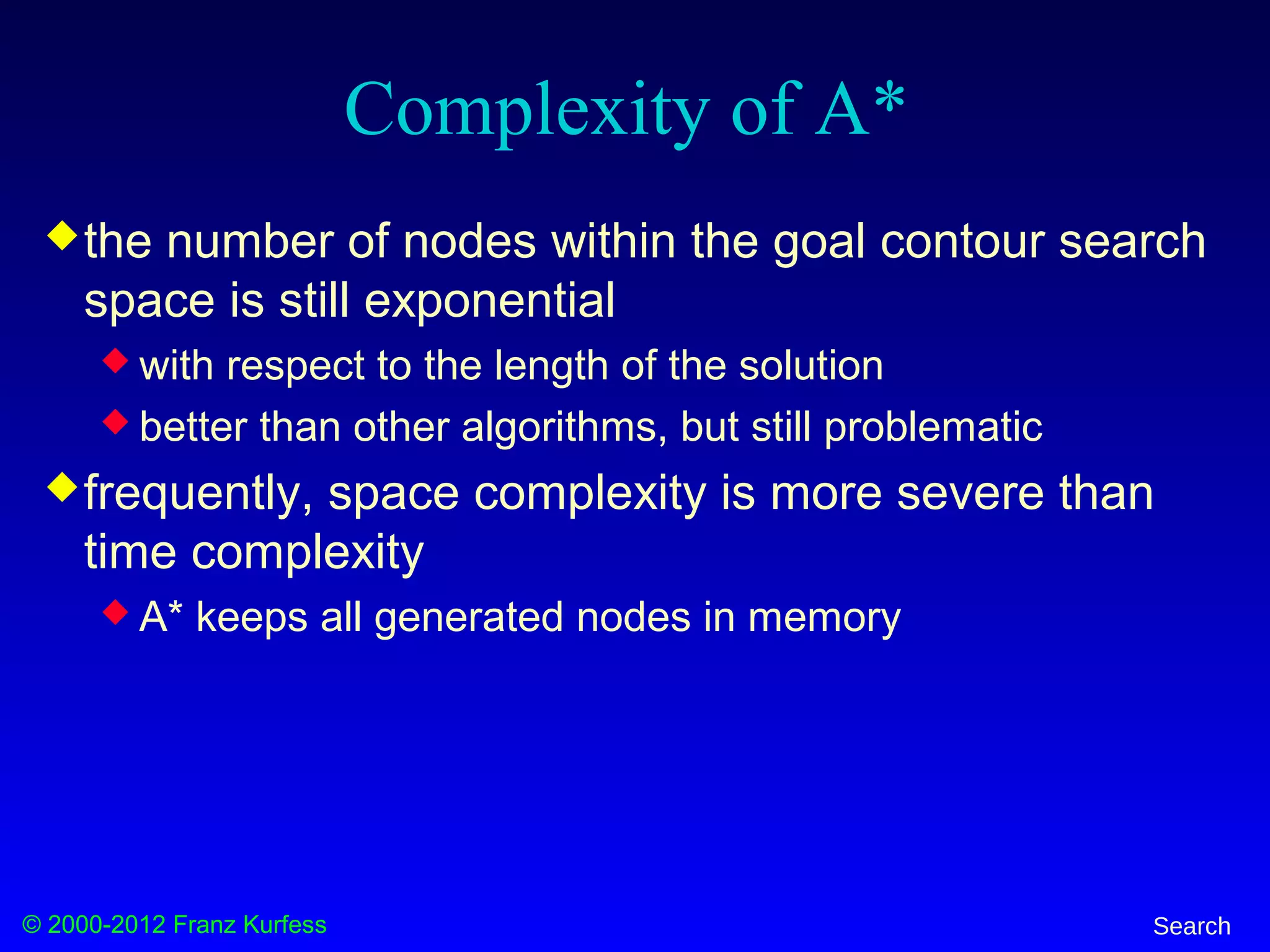 © 2000-2012 Franz Kurfess Search
Complexity of A*
the number of nodes within the goal contour search
space is still exponential
 with respect to the length of the solution
 better than other algorithms, but still problematic
frequently, space complexity is more severe than
time complexity
 A* keeps all generated nodes in memory
 