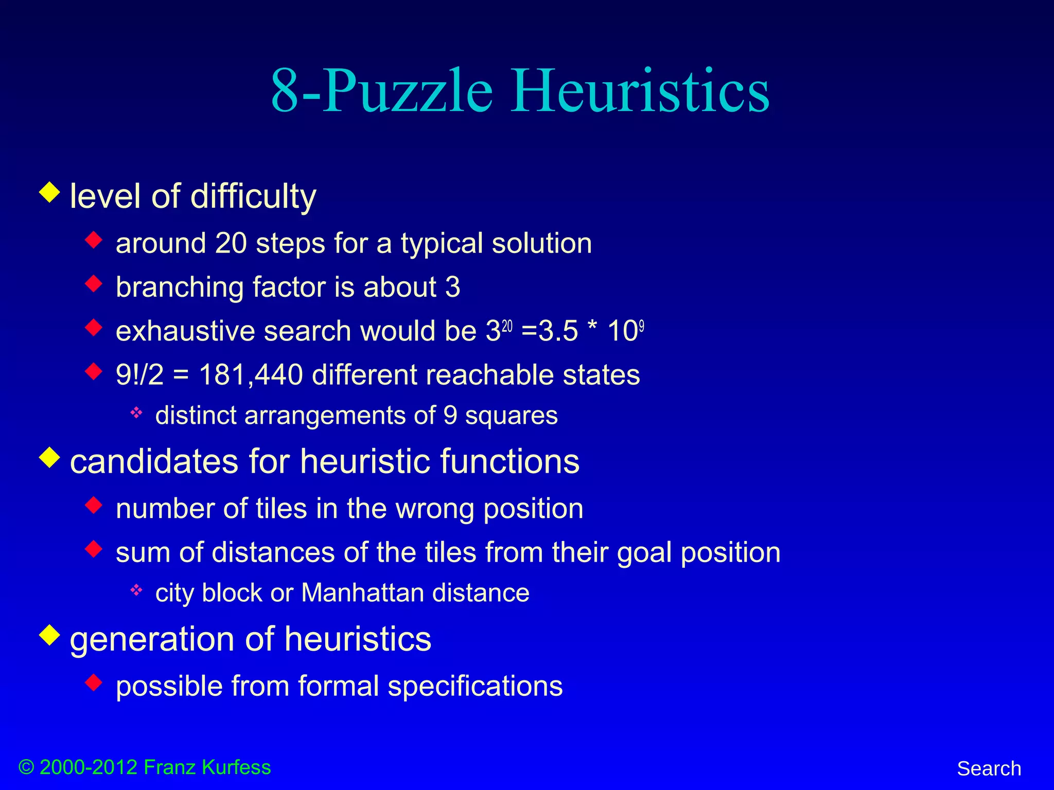 © 2000-2012 Franz Kurfess Search
8-Puzzle Heuristics
 level of difficulty
 around 20 steps for a typical solution
 branching factor is about 3
 exhaustive search would be 320
=3.5 * 109
 9!/2 = 181,440 different reachable states
 distinct arrangements of 9 squares
 candidates for heuristic functions
 number of tiles in the wrong position
 sum of distances of the tiles from their goal position
 city block or Manhattan distance
 generation of heuristics
 possible from formal specifications
 