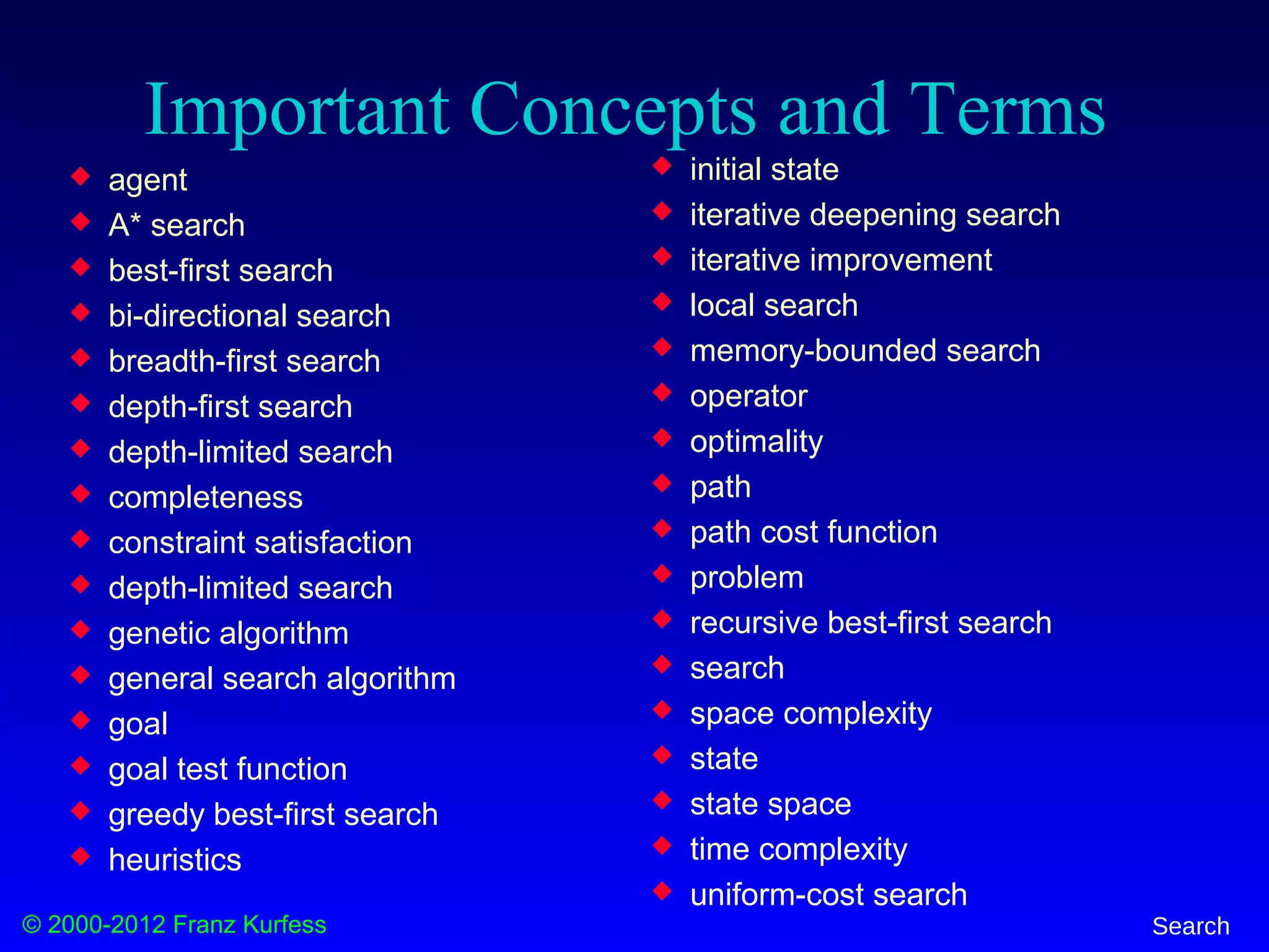 © 2000-2012 Franz Kurfess Search
Important Concepts and Terms
 initial state
 iterative deepening search
 iterative improvement
 local search
 memory-bounded search
 operator
 optimality
 path
 path cost function
 problem
 recursive best-first search
 search
 space complexity
 state
 state space
 time complexity
 uniform-cost search
 agent
 A* search
 best-first search
 bi-directional search
 breadth-first search
 depth-first search
 depth-limited search
 completeness
 constraint satisfaction
 depth-limited search
 genetic algorithm
 general search algorithm
 goal
 goal test function
 greedy best-first search
 heuristics
 