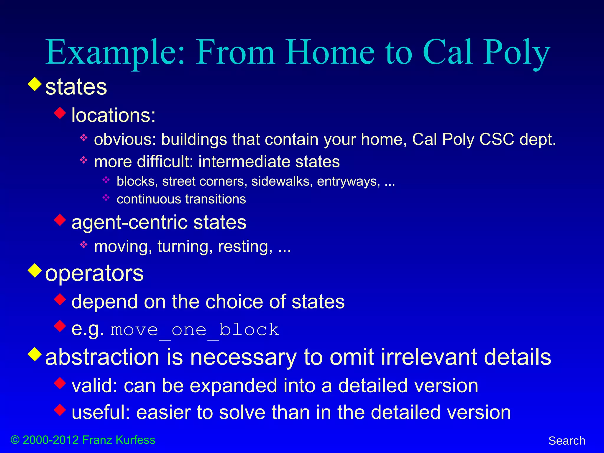 © 2000-2012 Franz Kurfess Search
Example: From Home to Cal Poly
states
 locations:
 obvious: buildings that contain your home, Cal Poly CSC dept.
 more difficult: intermediate states
 blocks, street corners, sidewalks, entryways, ...
 continuous transitions
 agent-centric states
 moving, turning, resting, ...
operators
 depend on the choice of states
 e.g. move_one_block
abstraction is necessary to omit irrelevant details
 valid: can be expanded into a detailed version
 useful: easier to solve than in the detailed version
 