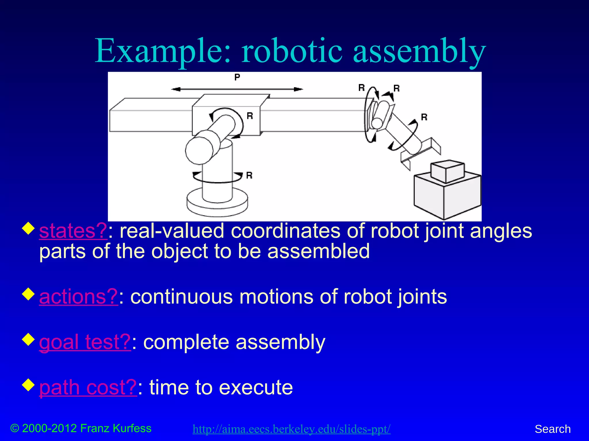 © 2000-2012 Franz Kurfess Search
Example: robotic assembly
 states?: real-valued coordinates of robot joint angles
parts of the object to be assembled
 actions?: continuous motions of robot joints
 goal test?: complete assembly
 path cost?: time to execute
http://aima.eecs.berkeley.edu/slides-ppt/
 