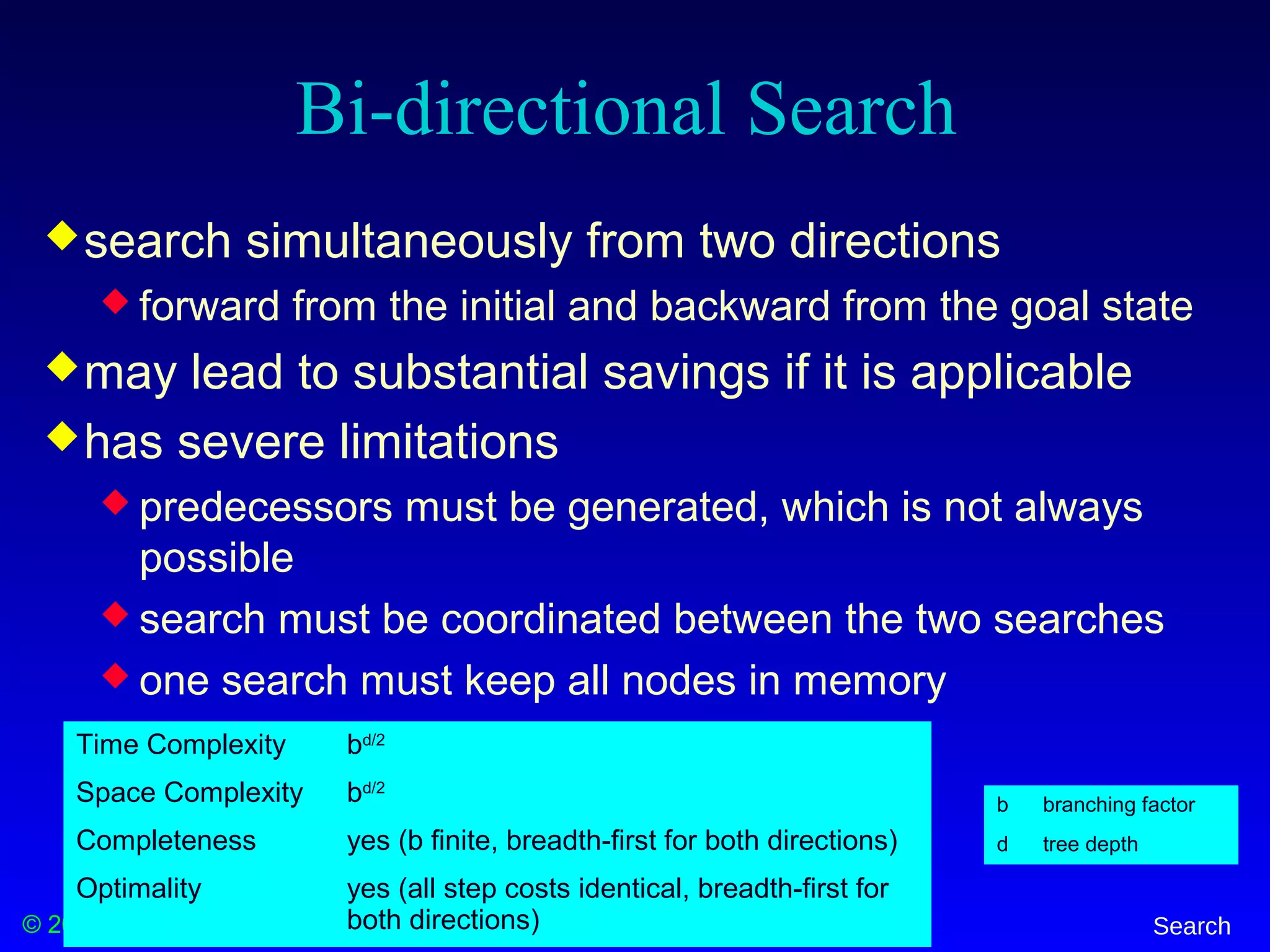 © 2000-2012 Franz Kurfess Search
Bi-directional Search
search simultaneously from two directions
 forward from the initial and backward from the goal state
may lead to substantial savings if it is applicable
has severe limitations
 predecessors must be generated, which is not always
possible
 search must be coordinated between the two searches
 one search must keep all nodes in memory
b branching factor
d tree depth
Time Complexity bd/2
Space Complexity bd/2
Completeness yes (b finite, breadth-first for both directions)
Optimality yes (all step costs identical, breadth-first for
both directions)
 