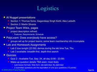 © 2000-2012 Franz Kurfess Agents
Logistics
 AI Nugget presentations
 Section 1: Thomas Soria, Gagandeep Singh Kohli, Alex Ledwith
 Section 3: Martin Silverio
 Project Team Wikis, pages
 project description refined:
 Features, Requirements, Schedule
 PolyLearn: Does everybody have access?
 groups set up for project teams; some team membership info incomplete
 Lab and Homework Assignments
 Lab 2 due tonight (23:59); demos during the lab time Tue, Thu
 Lab 3 available: breadth-first, depth-first search
 Quizzes
 Quiz 2 - Available Tue, Sep. 24, all day (0:00 - 23:59)
 Make-up question details TBA soon; most likely
 submission formats: Web form, tab-delimited, NL-delimited
 2 submitted questions are the equivalent of one quiz questions (10 points)
 