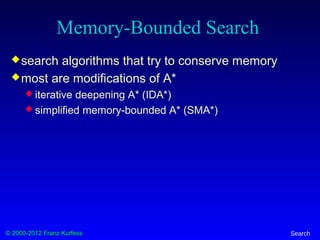 © 2000-2012 Franz Kurfess Search
Memory-Bounded Search
search algorithms that try to conserve memory
most are modifications of A*
 iterative deepening A* (IDA*)
 simplified memory-bounded A* (SMA*)
 