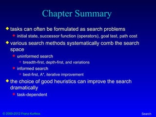 © 2000-2012 Franz Kurfess Search
Chapter Summary
 tasks can often be formulated as search problems
 initial state, successor function (operators), goal test, path cost
 various search methods systematically comb the search
space
 uninformed search
 breadth-first, depth-first, and variations
 informed search
 best-first, A*, iterative improvement
 the choice of good heuristics can improve the search
dramatically
 task-dependent
 