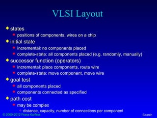 © 2000-2012 Franz Kurfess Search
VLSI Layout
 states
 positions of components, wires on a chip
 initial state
 incremental: no components placed
 complete-state: all components placed (e.g. randomly, manually)
 successor function (operators)
 incremental: place components, route wire
 complete-state: move component, move wire
 goal test
 all components placed
 components connected as specified
 path cost
 may be complex
 distance, capacity, number of connections per component
 