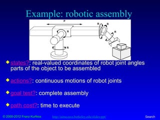 © 2000-2012 Franz Kurfess Search
Example: robotic assembly
 states?: real-valued coordinates of robot joint angles
parts of the object to be assembled
 actions?: continuous motions of robot joints
 goal test?: complete assembly
 path cost?: time to execute
http://aima.eecs.berkeley.edu/slides-ppt/
 