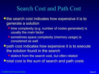 © 2000-2012 Franz Kurfess Search
Search Cost and Path Cost
the search cost indicates how expensive it is to
generate a solution
 time complexity (e.g. number of nodes generated) is
usually the main factor
 sometimes space complexity (memory usage) is
considered as well
path cost indicates how expensive it is to execute
the solution found in the search
 distinct from the search cost, but often related
total cost is the sum of search and path costs
 