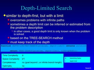 © 2000-2012 Franz Kurfess Search
Depth-Limited Search
similar to depth-first, but with a limit
 overcomes problems with infinite paths
 sometimes a depth limit can be inferred or estimated from
the problem description
 in other cases, a good depth limit is only known when the problem
is solved
 based on the TREE-SEARCH method
 must keep track of the depth
function DEPTH-LIMITED-SEARCH(problem, depth-limit) returns solution
return TREE-SEARCH(problem, depth-limit, LIFO-QUEUE())
b branching factor
l depth limit
Time Complexity bl
Space Complexity b*l
Completeness no (goal beyond l, or infinite branch length)
Optimality no
 