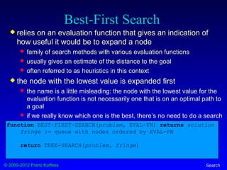 © 2000-2012 Franz Kurfess Search
Best-First Search
 relies on an evaluation function that gives an indication of
how useful it would be to expand a node
 family of search methods with various evaluation functions
 usually gives an estimate of the distance to the goal
 often referred to as heuristics in this context
 the node with the lowest value is expanded first
 the name is a little misleading: the node with the lowest value for the
evaluation function is not necessarily one that is on an optimal path to
a goal
 if we really know which one is the best, there’s no need to do a search
function BEST-FIRST-SEARCH(problem, EVAL-FN) returns solution
fringe := queue with nodes ordered by EVAL-FN
return TREE-SEARCH(problem, fringe)
 