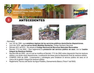 1              ANTECEDENTES




- Normativa
    Ley 142 de 1994 –que establece régimen de los servicios públicos domiciliarios disposiciones.
    Ley 9 de 1979 - por la cual se dictan Medidas Sanitarias. Código Sanitario Nacional
    Decreto 2811 de1974 – Se adopta el Código Nacional de Recursos Naturales Renovables
    Decreto 1713 de 2002 – Que reglamenta la prestación del servicio público de aseo, con la Gestión
    Integral de Residuos Sólidos.
    Decreto 838 de 2005 - por el cual se modifica el Decreto 1713 de 2002 sobre disposición final de residuos
    sólidos y se dictan otras disposiciones. Localización de áreas para la disposición final de residuos sólidos.
    CONPES 3530 de 2008 - Lineamientos y estrategias para fortalecer el servicio público de aseo en el
    marco de la gestión integral de residuos sólidos
    Reglamento Técnico del Sector de Agua Potable y Saneamiento Básico (Titulo F del RAS)
 