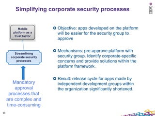 Simplifying corporate security processes


           Mobile          Objective: apps developed on the platform
       platform as a       will be easier for the security group to
        trust factor
                           approve

                           Mechanisms: pre-approve platform with
        Streamlining
      corporate security   security group. Identify corporate-specific
          processes        concerns and provide solutions within the
                           platform framework.

                           Result: release cycle for apps made by
        Mandatory          independent development groups within
         approval          the organization significantly shortened.
      processes that
     are complex and
     time-consuming
13
 