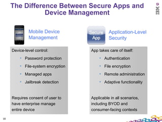 The Difference Between Secure Apps and
                Device Management

              Mobile Device                   Application-Level
              Management                      Security

     Device-level control:          App takes care of itself:
         • Password protection          • Authentication
         • File-system encryption       • File encryption
         • Managed apps                 • Remote administration
         • Jailbreak detection          • Adaptive functionality


     Requires consent of user to    Applicable in all scenarios,
     have enterprise manage         including BYOD and
     entire device                  consumer-facing contexts

18
 