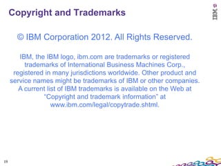 Copyright and Trademarks

       © IBM Corporation 2012. All Rights Reserved.

        IBM, the IBM logo, ibm.com are trademarks or registered
          trademarks of International Business Machines Corp.,
      registered in many jurisdictions worldwide. Other product and
     service names might be trademarks of IBM or other companies.
        A current list of IBM trademarks is available on the Web at
                “Copyright and trademark information” at
                    www.ibm.com/legal/copytrade.shtml.




19
 