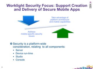 Worklight Security Focus: Support Creation
       and Delivery of Secure Mobile Apps
                                            Take advantage of
                                           platform architecture
                                          and mobile capabilities



                      Address
               mobile-specific security
                       issues


       Security is a platform-wide
       consideration, relating to all components:
       •   Server
       •   Device run-time
       •   Studio
       •   Console

4
 