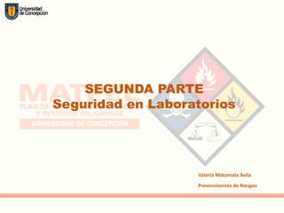 Valeria Matamala Avila
Prevencionista de Riesgos
SEGUNDA PARTE
Seguridad en Laboratorios
 