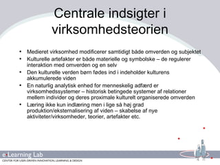 Centrale indsigter i virksomhedsteorien Medieret virksomhed modificerer samtidigt både omverden og subjektet Kulturelle artefakter er både materielle og symbolske – de regulerer interaktion med omverden og en selv Den kulturelle verden børn fødes ind i indeholder kulturens akkumulerede viden En naturlig analytisk enhed for menneskelig adfærd er virksomhedssystemer – historisk betingede systemer af relationer mellem individer og deres proximale kulturelt organiserede omverden Læring ikke kun indlæring men i lige så høj grad produktion/eksternalisering af viden – skabelse af nye aktiviteter/virksomheder, teorier, artefakter etc. 
