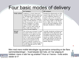 Four basic modes of delivery Men med mere mobile teknologier og pervasive computing er der flere sammenblandinger -  hvad betyder det f.eks. at I har adgang til trådløst, mens vi står her og snakker? Hvor er I henne – hvile andre steder er I? 