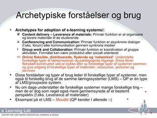 Archetypiske forståelser og brug Archetypes for adoption of e-learning systems/: Content delivery – Leverance af materiale:  Primær funktion er at organisere og levere materiale til de studerende Conferencing and Communication:  Primær funktion er asynkrone dialoger (f.eks. forum) eller kommunikation gennem synkrone medier Group work and Collaboration:  Primær funktion er koordination af gruppe aktiviteter. Formålet kan være produktivt eller socialt orienteret Online fleksible, distribuerede, flydende og ‘networked’ : Understøtte forskellige typer af læreprocesser og pædagogiske tilgange. Disse bliver fleksibelt konstrueret ved at stykke eller sy forskellige typer af systemer sammen og give adgang til forskellige typer af materialer, ressourcer, personer og services Disse forståelser og typer af brug leder til forskellige typer af systemer, men også til forskellig brug af de samme læringssystemer (LMS) – QP er én type af LMS/groupware system. Nu om dage understøtter de forskellige systemer mange forskellige ting – men de er dog som regel også mere gennemsyrede af et bestemt perspektiv (f.eks. Leverance af materialer) Eksempel på et LMS –  Moodle  (QP kender I allerede :-) 