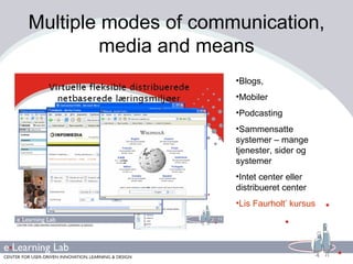 Multiple modes of communication, media and means Blogs,  Mobiler  Podcasting Sammensatte systemer – mange tjenester, sider og systemer Intet center eller distribueret center Lis Faurholt’ kursus 