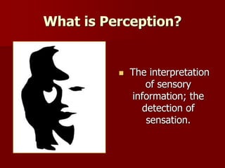 What is Perception?
 The interpretation
of sensory
information; the
detection of
sensation.
 