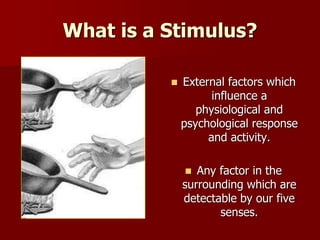 What is a Stimulus?
 External factors which
influence a
physiological and
psychological response
and activity.
 Any fact...