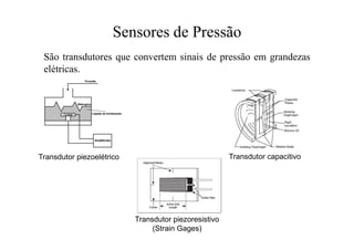 Sensores de Pressão
São transdutores que convertem sinais de pressão em grandezas
elétricas.
Transdutor capacitivo
Transdutor piezoelétrico
Transdutor piezoresistivo
(Strain Gages)
 