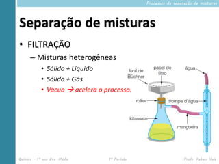 Processos de separação de misturas




Separação de misturas
• FILTRAÇÃO
      – Misturas heterogêneas
            • Sólido + Líquido
            • Sólido + Gás
            • Vácuo  acelera o processo.




Química – 1º ano Ens. Médio      1º Período                     Profa. Rebeca Vale
 