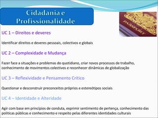 UC 1 – Direitos e deveres Identificar direitos e deveres pessoais, colectivos e globais  UC 2 – Complexidade e Mudança Fazer face a situações e problemas do quotidiano, criar novos processos de trabalho, conhecimento de movimentos colectivos e reconhecer dinâmicas de globalização UC 3 – Reflexividade e Pensamento Crítico Questionar e desconstruir preconceitos próprios e estereótipos sociais UC 4 – Identidade e Alteridade Agir com base em princípios de conduta, exprimir sentimento de pertença, conhecimento das politicas públicas e conhecimento e respeito pelas diferentes identidades culturais 