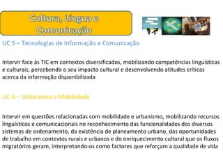 UC 5 – Tecnologias de Informação e Comunicação Intervir face às TIC em contextos diversificados, mobilizando competências linguísticas e culturais, percebendo o seu impacto cultural e desenvolvendo atitudes críticas acerca da informação disponibilizada UC 6 – Urbanismo e Mobilidade Intervir em questões relacionadas com mobilidade e urbanismo, mobilizando recursos linguísticos e comunicacionais no reconhecimento das funcionalidades dos diversos sistemas de ordenamento, da existência de planeamento urbano, das oportunidades de trabalho em contextos rurais e urbanos e do enriquecimento cultural que os fluxos migratórios geram, interpretando-os como factores que reforçam a qualidade de vida 