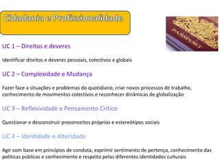 UC 1 – Direitos e deveres Identificar direitos e deveres pessoais, colectivos e globais  UC 2 – Complexidade e Mudança Fazer face a situações e problemas do quotidiano, criar novos processos de trabalho, conhecimento de movimentos colectivos e reconhecer dinâmicas de globalização UC 3 – Reflexividade e Pensamento Crítico Questionar e desconstruir preconceitos próprios e estereótipos sociais UC 4 – Identidade e Alteridade Agir com base em princípios de conduta, exprimir sentimento de pertença, conhecimento das politicas públicas e conhecimento e respeito pelas diferentes identidades culturais 