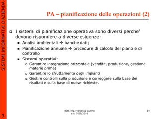SISTEMI INFORMATIVI D’AZIENDA

                                                      PA – pianificazione delle operazioni (2)

                                   I sistemi di pianificazione operativa sono diversi perche’
                                    devono rispondere a diverse esigenze:
                                       Analisi ambientali  banche dati;
                                       Pianificazione annuale  procedure di calcolo del piano e di
                                        controllo
                                       Sistemi operativi:
                                            Garantire integrazione orizzontale (vendite, produzione, gestione
                                             materie prime)
                                            Garantire lo sfruttamento degli impianti
                                            Gestire controlli sulla produzione e correggere sulla base dei
                                             risultati e sulla base di nuove richieste.




                                                                dott. ing. Francesco Guerra                      14
                                                                       a.a. 2009/2010
       3
 