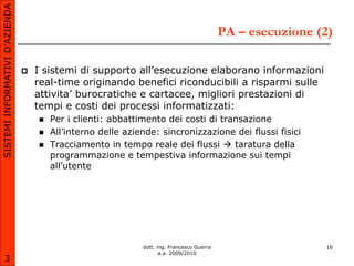 SISTEMI INFORMATIVI D’AZIENDA

                                                                                            PA – esecuzione (2)

                                   I sistemi di supporto all’esecuzione elaborano informazioni
                                    real-time originando benefici riconducibili a risparmi sulle
                                    attivita’ burocratiche e cartacee, migliori prestazioni di
                                    tempi e costi dei processi informatizzati:
                                       Per i clienti: abbattimento dei costi di transazione
                                       All’interno delle aziende: sincronizzazione dei flussi fisici
                                       Tracciamento in tempo reale dei flussi  taratura della
                                        programmazione e tempestiva informazione sui tempi
                                        all’utente




                                                              dott. ing. Francesco Guerra                    16
                                                                     a.a. 2009/2010
       3
 