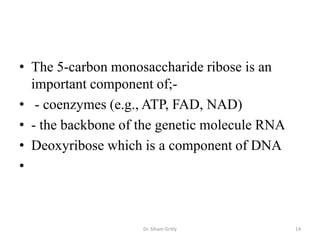 • The 5-carbon monosaccharide ribose is an
  important component of;-
• - coenzymes (e.g., ATP, FAD, NAD)
• - the backbone of the genetic molecule RNA
• Deoxyribose which is a component of DNA
•



                    Dr. Siham Gritly           14
 