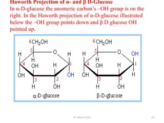 Haworth Projection of α- and β D-Glucose
In α-D-glucose the anomeric carbon’s –OH group is on the
right. In the Haworth projection of α-D-glucose illustrated
below the –OH group points down and β D glucose OH
pointed up.




                           Dr. Siham Gritly                   22
 