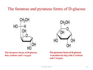 The furanose and pyranose forms of D-glucose




The furanose forms of D-glucose                The pyranose forms of D-glucose
four carbons and 1 oxygen                      6-membered ring with 5 carbons
                                               and 1 oxygen


                                  Dr. Siham Gritly                               36
 