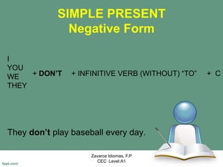 SIMPLE PRESENT
Negative Form
They don’t play baseball every day.
Zavarce Idiomas, F.P
CEC Level:A1
I
YOU
WE
THEY
+ INFINITIVE VERB (WITHOUT) “TO” + C+ DON’T
 